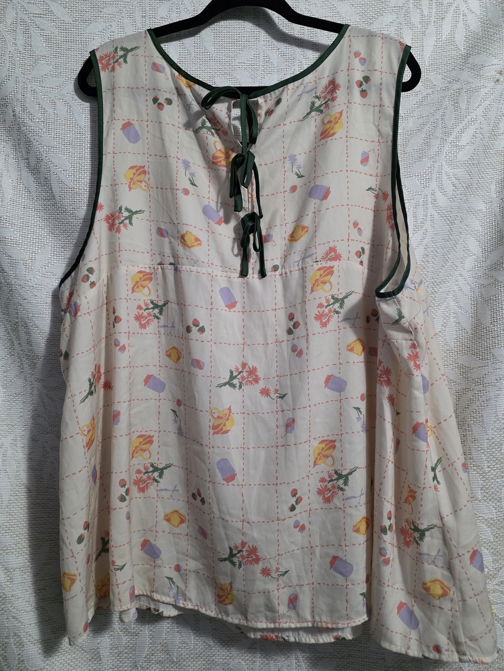 Modcloth Cream Floral Grid Sleeveless Tie-Back Blouse with Green Trim
